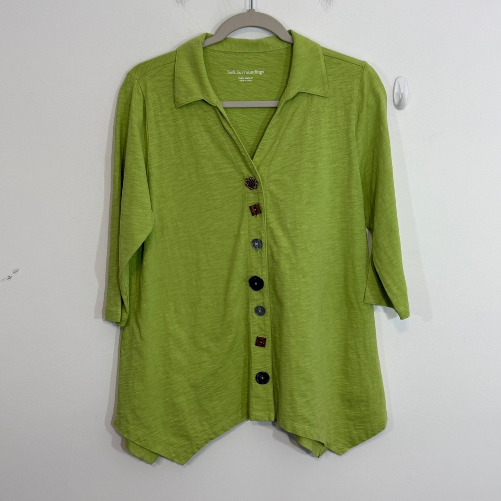 Soft Surroundings Women Danielle Tunic Top Petite M Green Lagenlook Asymmetrical